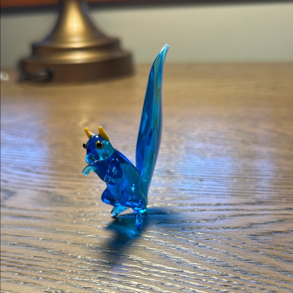 Vintage Glass Squirrel Figurine Blue Hand Blown Mid Century 1970s